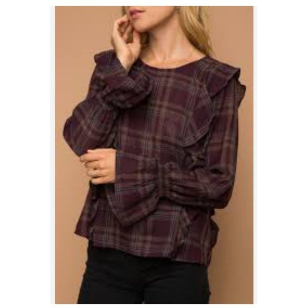 Plaid Ruffle Blouse Size M - Picture 1 of 7